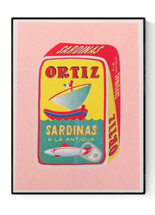 Colorful risoprint illustration of a vintage Ortiz sardine can by We Are Out Of Office, printed with soy ink on 300g Biotop paper – bold kitchen wall art in retro pop art style.