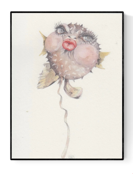 Kiss art card by Belgian illustrator FAB, A6 size (10.5 x 14.8 cm) printed on premium 300g Munken Pure Rough paper, featuring a humorous watercolor pufferfish with long eyelashes and bright red lips, ideal for sending love or as a collectible art postcard.