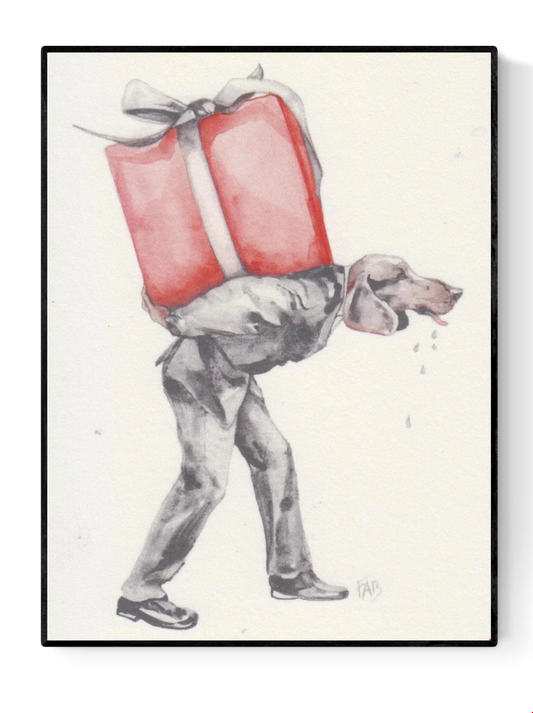 For You art card by Belgian artist FAB, A6 size (10.5 x 14.8 cm) printed on 300g Munken Pure Rough paper, featuring a surreal anthropomorphic figure with a dog’s head carrying a large red gift box, painted in watercolor with humorous and whimsical detail.