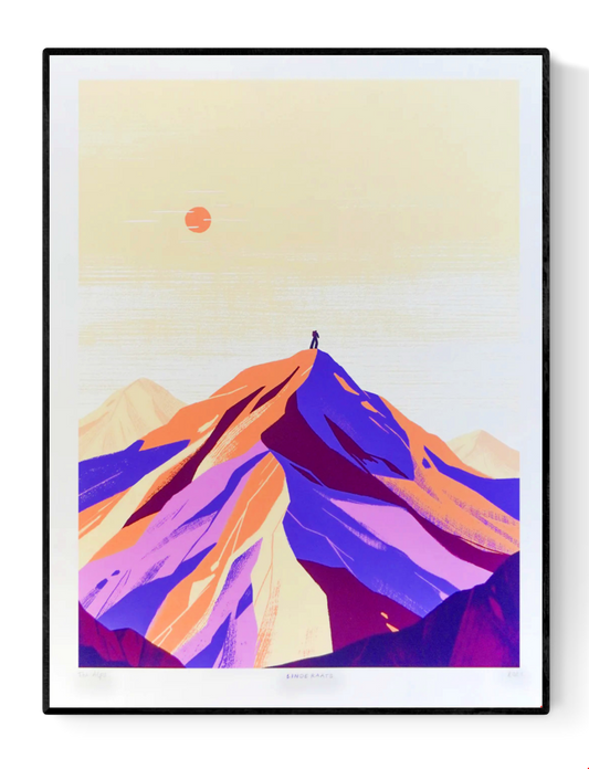 Minimalist giclée art print of the Alps by Belgian illustrator Linde Raats, featuring a pastel-colored mountain landscape in soft purple, peach, and cream tones with a small figure at the summit – 30x40 cm fine art print for modern interiors