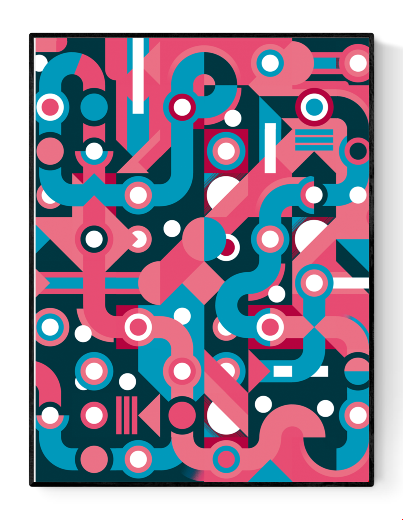 Colorful abstract geometric art print with flowing blue and pink lines, circles, and shapes forming a maze-like pattern. Modern wall art by Belgian illustrator Gert Paenen of Studio Frits, perfect for contemporary interiors and design lovers.