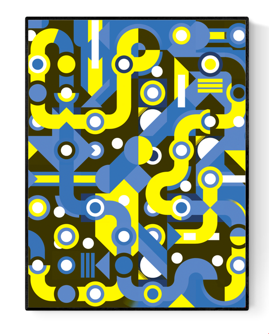 Colorful abstract geometric art print with flowing blue and yellow lines, circles, and shapes forming a maze-like pattern. Modern wall art by Belgian illustrator Gert Paenen of Studio Frits, perfect for contemporary interiors and design lovers.