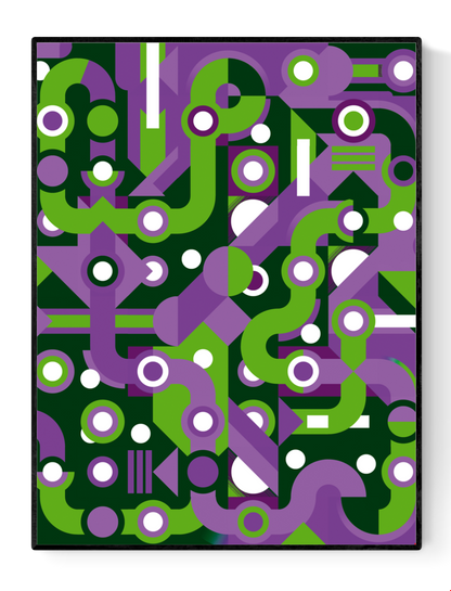 Colorful abstract geometric art print with flowing green and purple lines, circles, and shapes forming a maze-like pattern. Modern wall art by Belgian illustrator Gert Paenen of Studio Frits, perfect for contemporary interiors and design lovers.