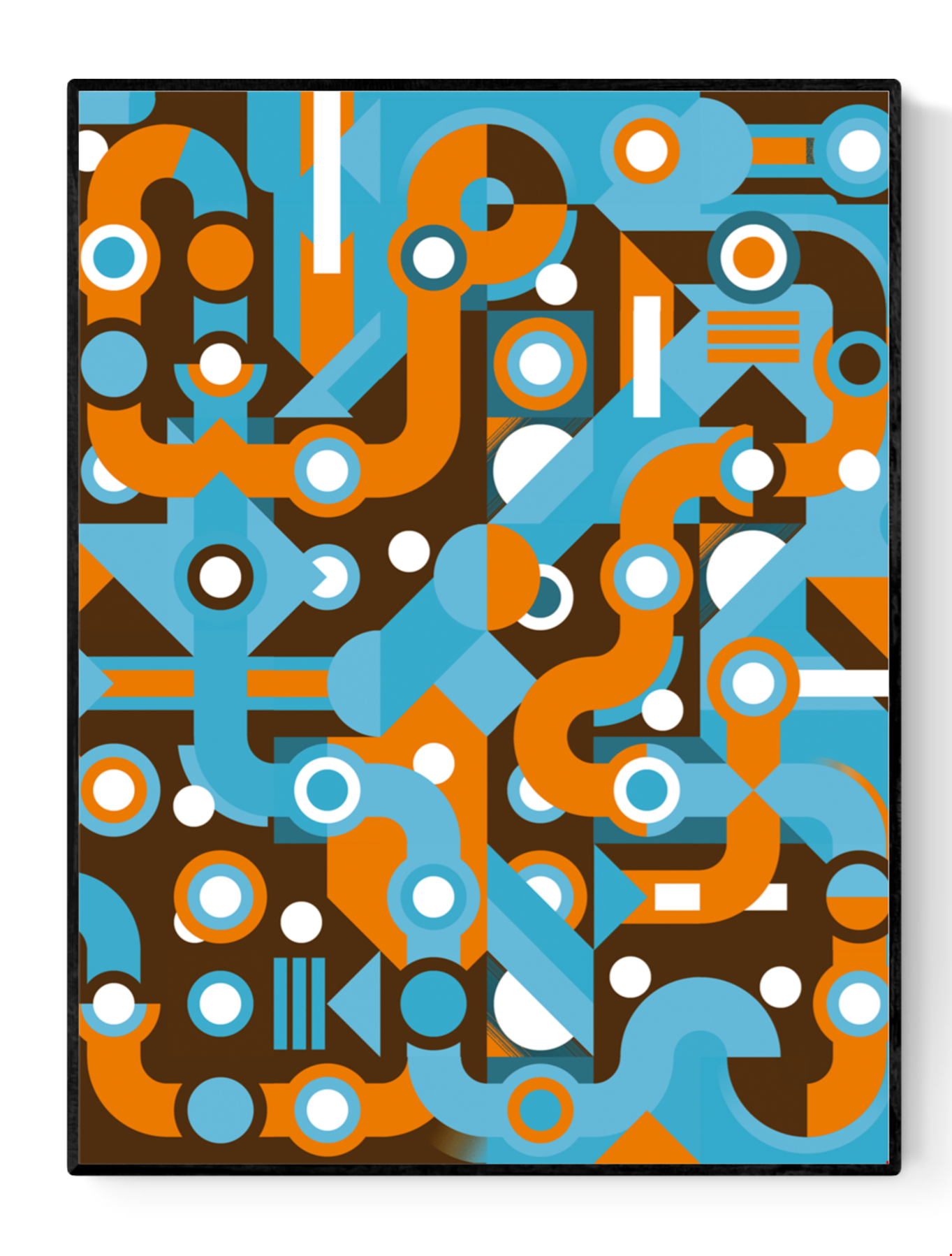 Colorful abstract geometric art print with flowing light blue and orange lines, circles, and shapes forming a maze-like pattern. Modern wall art by Belgian illustrator Gert Paenen of Studio Frits, perfect for contemporary interiors and design lovers.