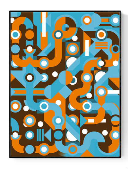 Colorful abstract geometric art print with flowing light blue and orange lines, circles, and shapes forming a maze-like pattern. Modern wall art by Belgian illustrator Gert Paenen of Studio Frits, perfect for contemporary interiors and design lovers.