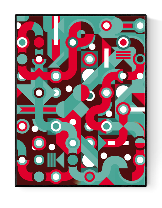 Colorful abstract geometric art print with flowing teal and red lines, circles, and shapes forming a maze-like pattern. Modern wall art by Belgian illustrator Gert Paenen of Studio Frits, perfect for contemporary interiors and design lovers.