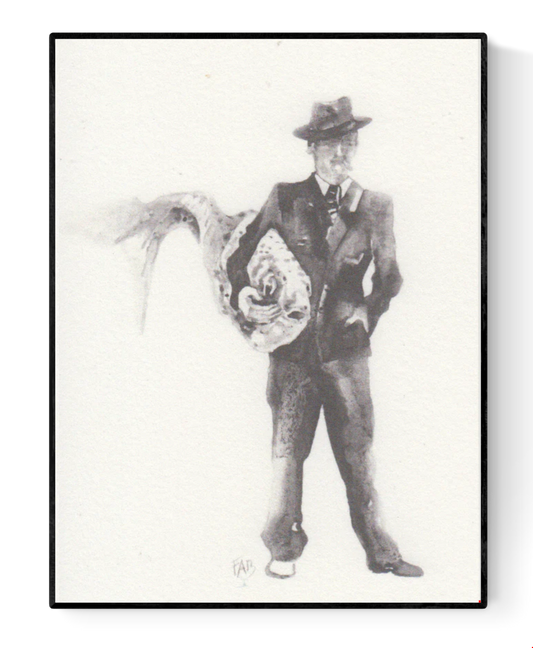 Surreal black and white illustration of a man in a suit holding a large fish in place of his torso – Man with Fish by Belgian artist FAB, A6 art print.