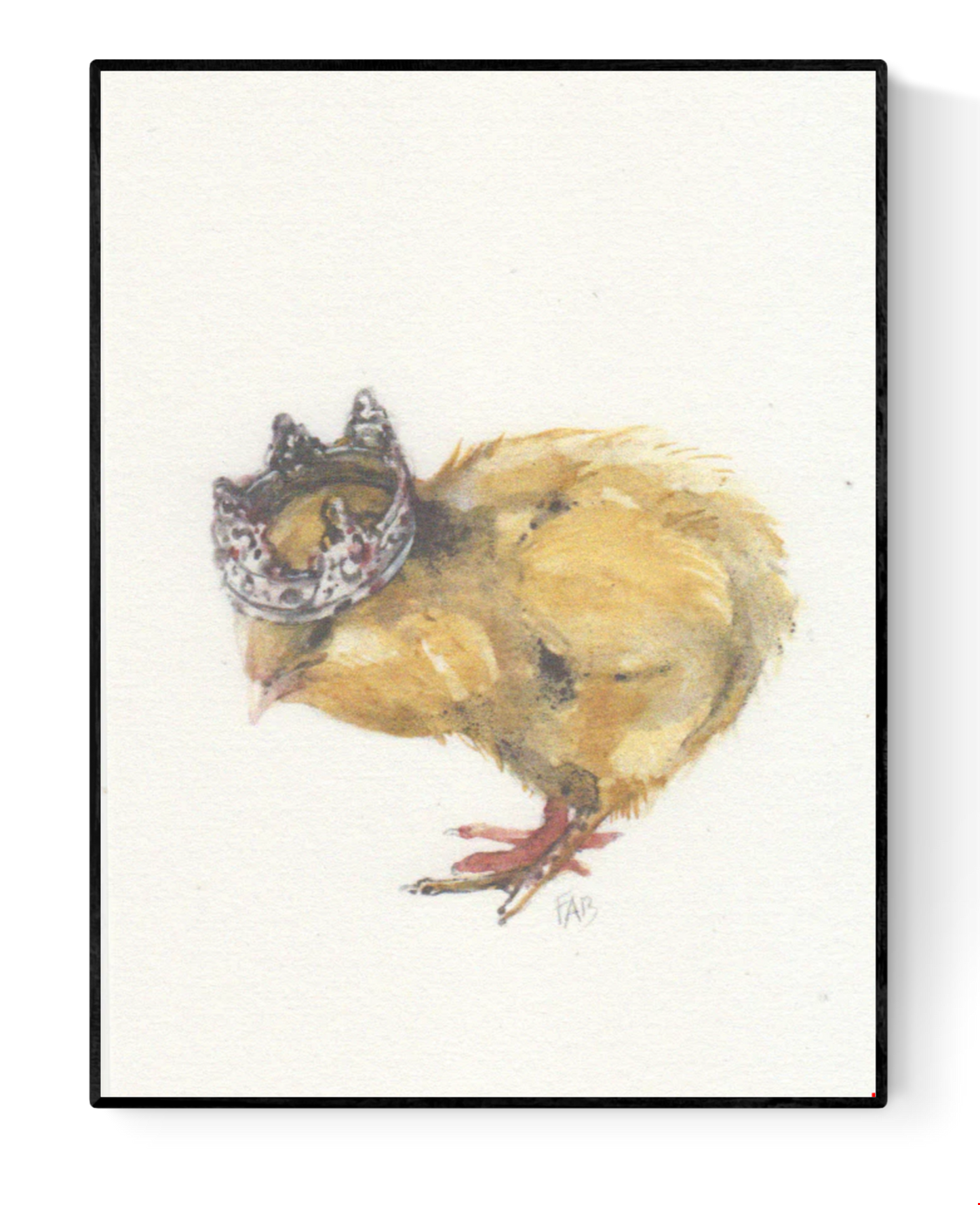 Watercolor-style A6 illustration of a fluffy yellow chick wearing a royal crown on textured paper – King Chick by Belgian artist FAB.