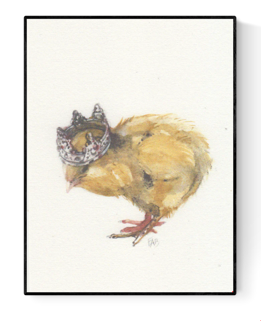 Watercolor-style A6 illustration of a fluffy yellow chick wearing a royal crown on textured paper – King Chick by Belgian artist FAB.