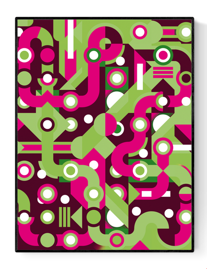 Colorful abstract geometric art print with flowing fuchsia and green lines, circles, and shapes forming a maze-like pattern. Modern wall art by Belgian illustrator Gert Paenen of Studio Frits, perfect for contemporary interiors and design lovers.