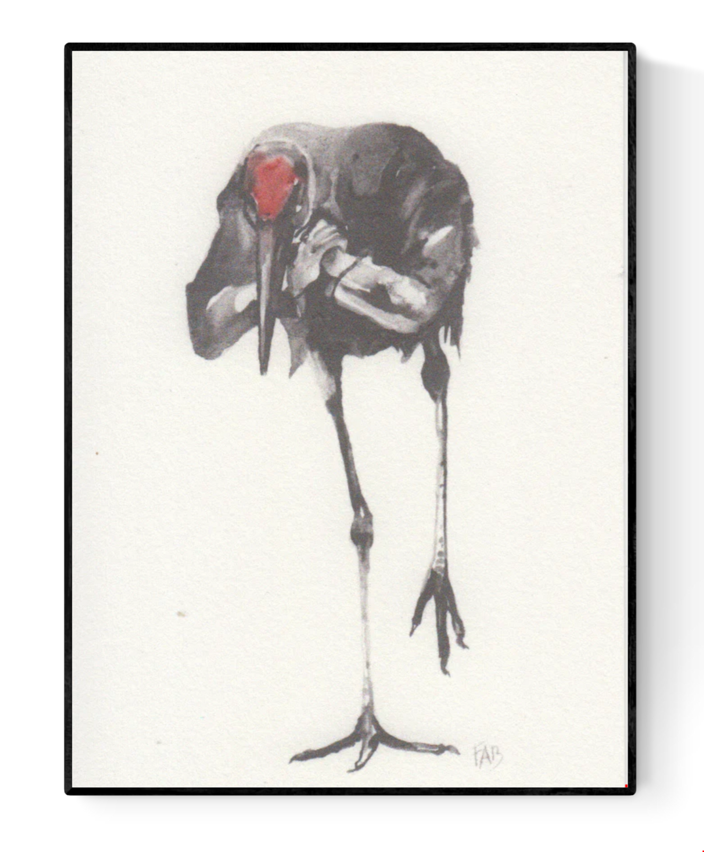 Expressive art print of a black bird by FAB titled 'Black Bird' – minimalist illustration featuring a solitary bird with a striking red head, rendered in delicate watercolor tones. Contemporary avian artwork with emotional depth, perfect for modern interiors and bird art collectors