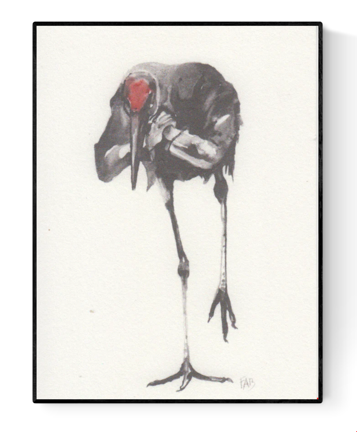 Expressive art print of a black bird by FAB titled 'Black Bird' – minimalist illustration featuring a solitary bird with a striking red head, rendered in delicate watercolor tones. Contemporary avian artwork with emotional depth, perfect for modern interiors and bird art collectors