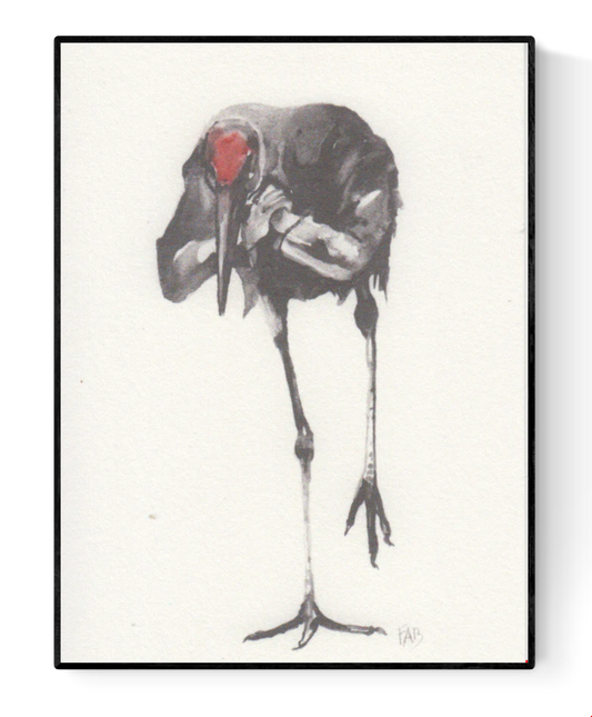 Expressive art print of a black bird by FAB titled 'Black Bird' – minimalist illustration featuring a solitary bird with a striking red head, rendered in delicate watercolor tones. Contemporary avian artwork with emotional depth, perfect for modern interiors and bird art collectors