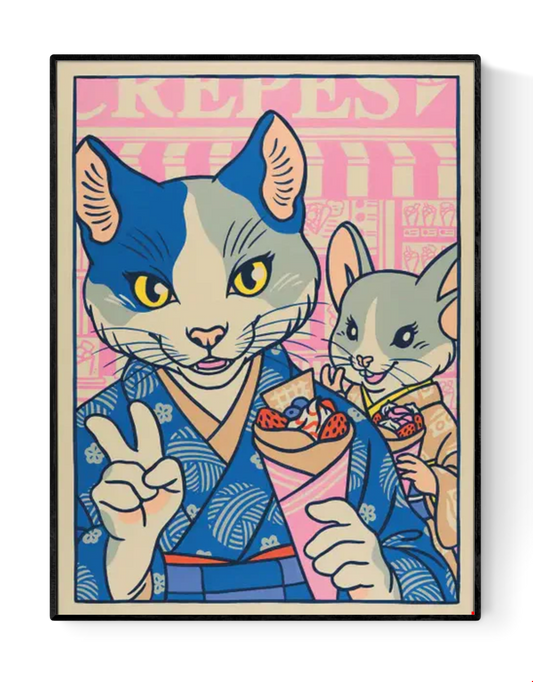 Playful pop-style illustration by Yeaaah! Studio featuring a stylish anthropomorphic cat and mouse in traditional Japanese kimonos, enjoying crepes and posing for a selfie in a colorful Harajuku street scene. A vibrant fusion of kawaii culture and retro comic art—perfect for fans of Japan-inspired, quirky wall decor