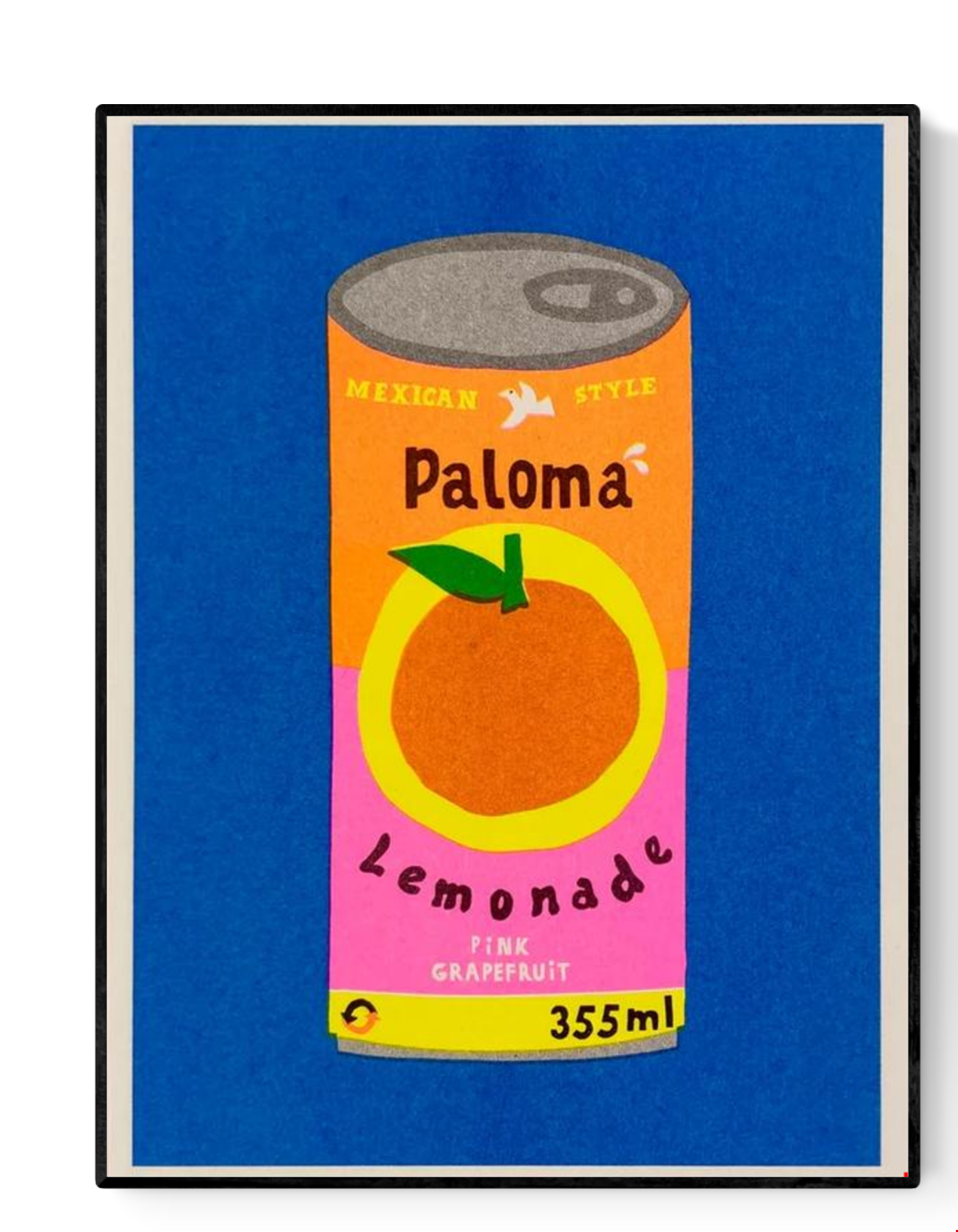 Colorful risograph print of a retro-style Paloma lemonade can with pink grapefruit label on blue background – Paloma Lemonade by We Are Out Of Office, 13 x 18 cm art print.