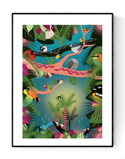 Vibrant jungle-themed illustration by Studio Frits featuring a lush tropical canopy filled with colorful exotic birds perched on graphic pink and black branches. Set against a dreamy teal-green background with bold botanical elements, this dynamic art print captures the rich biodiversity of the Amazon—perfect for brightening up modern interiors, kids’ rooms, or nature-inspired spaces