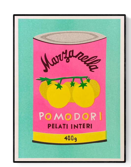 Colorful risograph illustration of a tomato can labeled “Pomodori Pelati Interi” in pink, yellow, and mint – Pomodori by We Are Out Of Office, 13x18 cm risoprint made in the Netherlands.