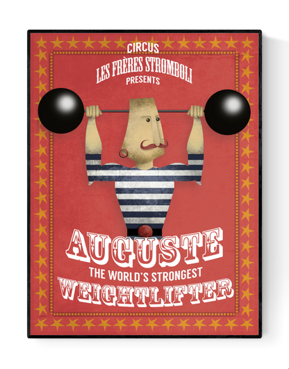 Playful vintage-style illustration by Studio Frits titled 'Auguste Stromboli,' designed as a fictional circus poster featuring a strongman in a striped suit lifting cartoonishly large barbells. Surrounded by red and yellow star borders with bold typography, this whimsical artwork channels classic circus charm—perfect for eclectic interiors, children's rooms, or collectors of retro-inspired prints