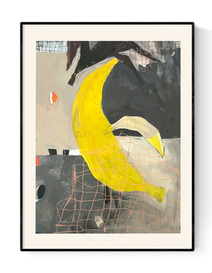Bold and expressive mixed-media illustration by Wünsch & Stömer titled 'Banana,' featuring a large, vibrant yellow banana set against a textured abstract background in muted tones of grey, black, and beige. With raw lines, layered patterns, and spontaneous marks, this contemporary artwork blends pop art energy with abstract expressionism—ideal for modern art collectors and eclectic interiors
