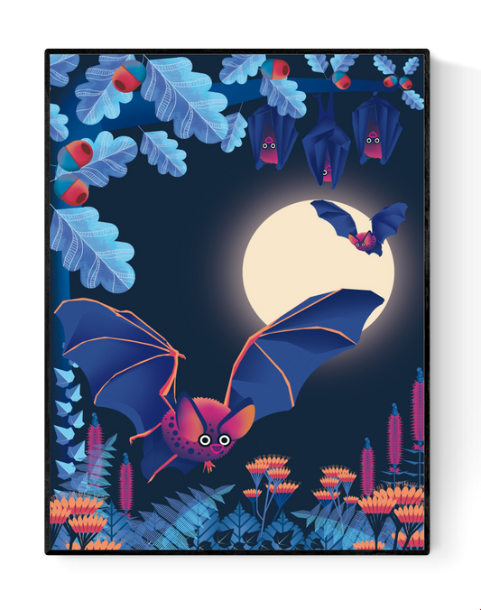Vivid and playful illustration by Studio Frits titled 'Bats,' depicting a group of cartoon-like bats flying and hanging among glowing foliage under a full moon. With bold purples, blues, and neon oranges, this colorful nighttime forest scene adds a whimsical, slightly spooky charm—perfect for nature lovers, children’s spaces, and fans of quirky, vibrant art