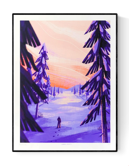 Art print titled Lapland by Belgian illustrator Linde Raats, featuring a snowy forest scene at sunset with purple and pink hues – 30 x 40 cm giclée print made in Belgium.