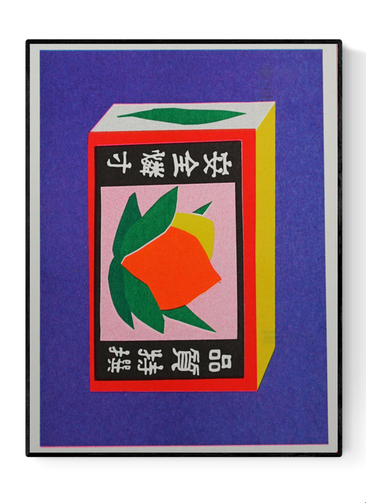 Colorful risoprint of a vintage Japanese matchbox with bold fruit illustration and kanji symbols, modern wall art by We Are Out Of The Office, 13 x 18 cm print made in the Netherlands.