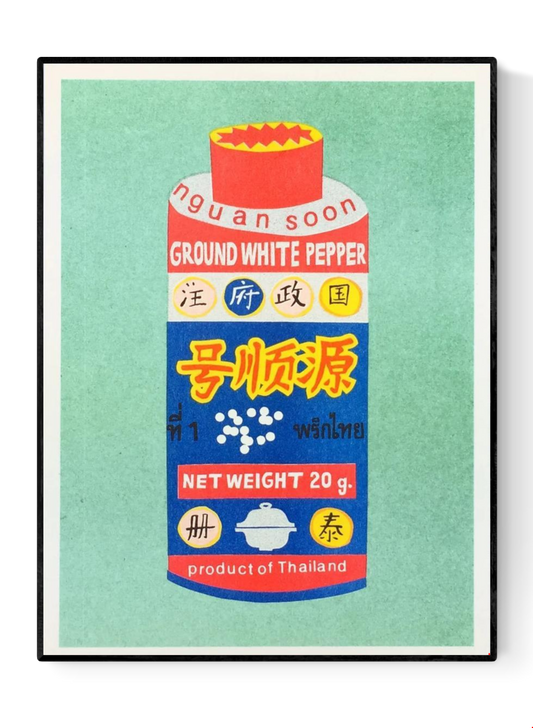 Colorful risograph art print of Thai ground white pepper packaging by We Are Out Of The Office, modern kitchen wall decor on eco-friendly 300g Biotop paper, 13x18 cm