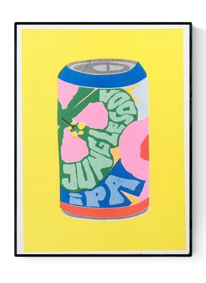 Colorful risograph print of a soda can with floral patterns and bold lettering titled “Jungle Soda IPA” by We Are Out Of Office – small-format wall art with bright yellow background, pop art style, 13 x 18 cm.