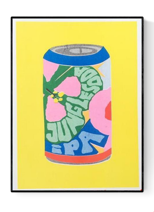Colorful risograph print of a soda can with floral patterns and bold lettering titled “Jungle Soda IPA” by We Are Out Of Office – small-format wall art with bright yellow background, pop art style, 13 x 18 cm.