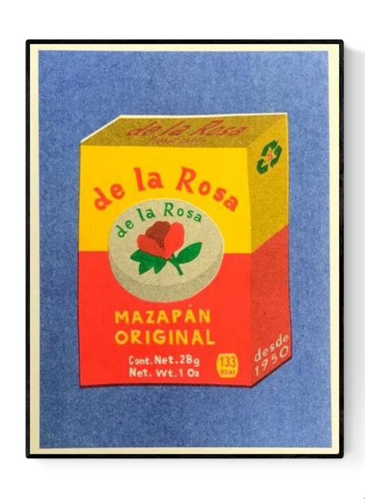 Mazapan Original risograph print by We Are Out of Office – colorful pop-style illustration of a traditional Mexican marzipan candy box, printed with soy ink on 300g Biotop paper in the Netherlands.