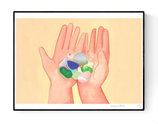 Coquillages by French illustrator Margaux Othats, A3 (29.7 x 42 cm) risograph print in delicate pastel colors. The artwork shows two hands holding seashells and sea glass, evoking summer memories and tenderness. Printed on 150g Munken Print White paper, limited edition of 150 signed and numbered copies, made in Belgium, unframed, packaged with protective sleeve and cardboard backing.