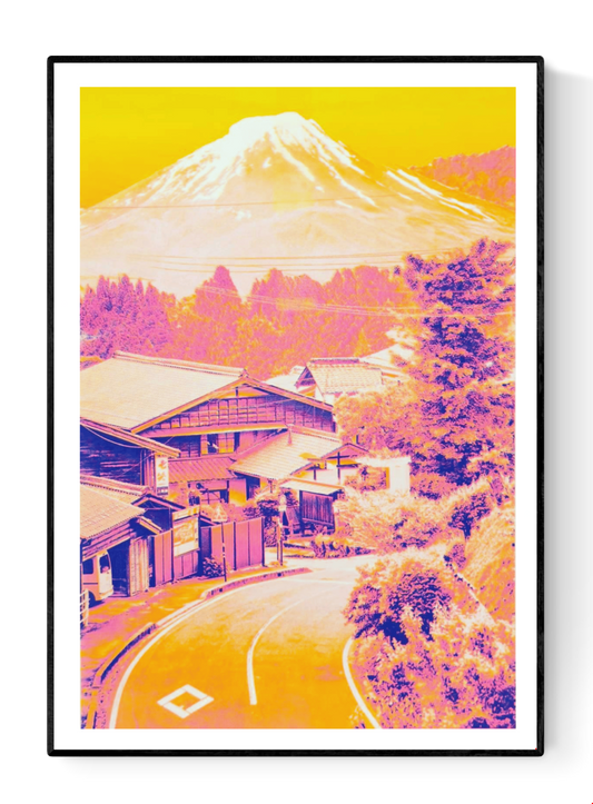 Japanese collage risograph print by PTRVRKD featuring a vibrant Fuji landscape in neon yellow and pink tones; A3 limited-edition artwork on Munken Pure Rough paper; modern Japan-inspired wall art for home decor, design lovers, and contemporary art collectors.