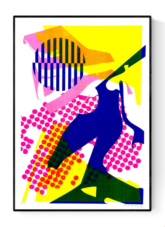 Colorful abstract risograph print by PTRVRKD featuring bold layered shapes in blue, pink and yellow, dynamic collage elements, contemporary graphic textures, limited edition A3 art print made in the Netherlands, modern wall art for vibrant home decor.
