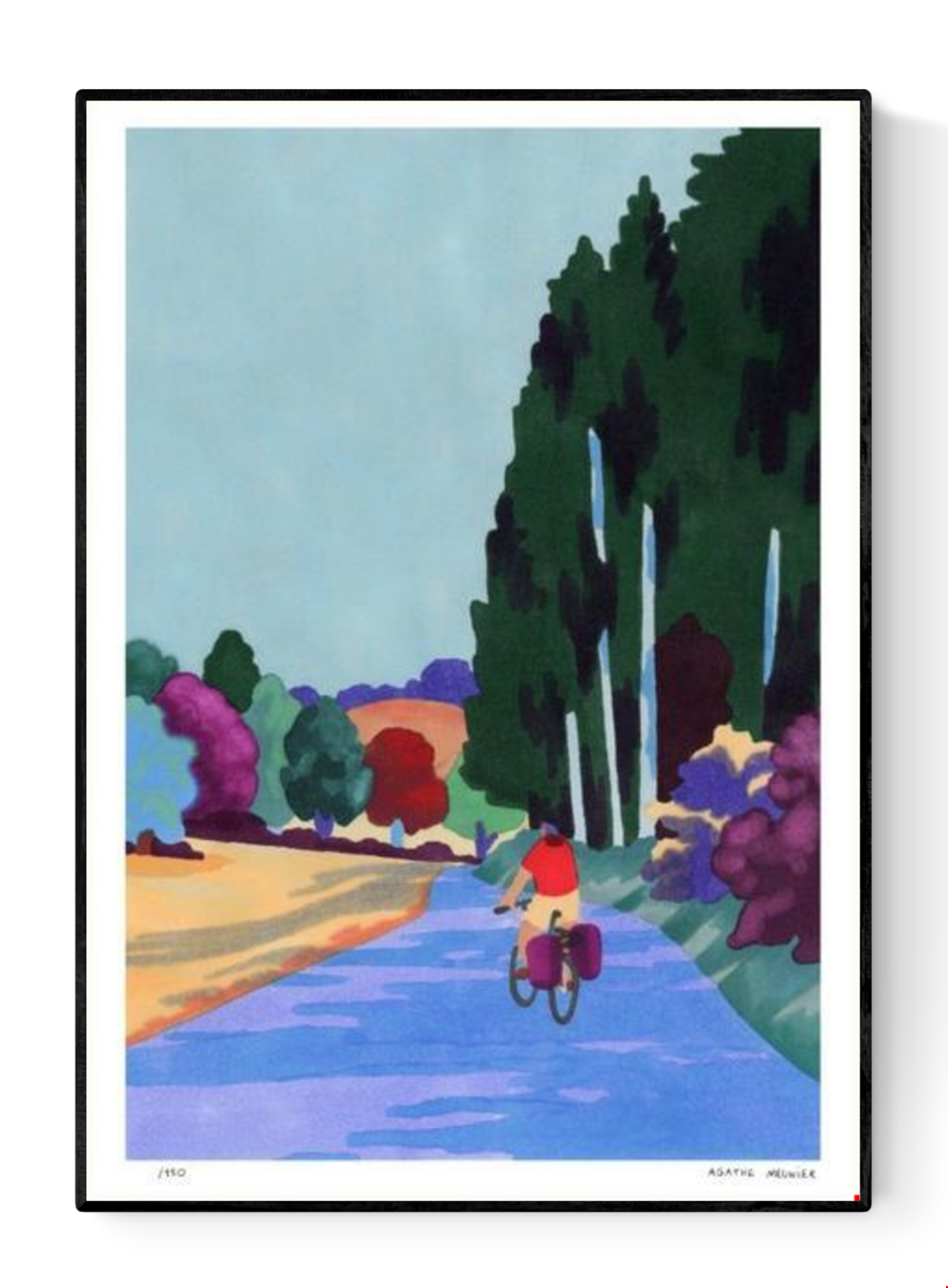 A3 four-colour risograph print by Agathe Meunier showing a cyclist riding through a peaceful Jura landscape, with stylised trees, soft pastel fields, and a calm blue road, printed on Munken Print White paper, limited edition, signed and numbered, contemporary European illustration.