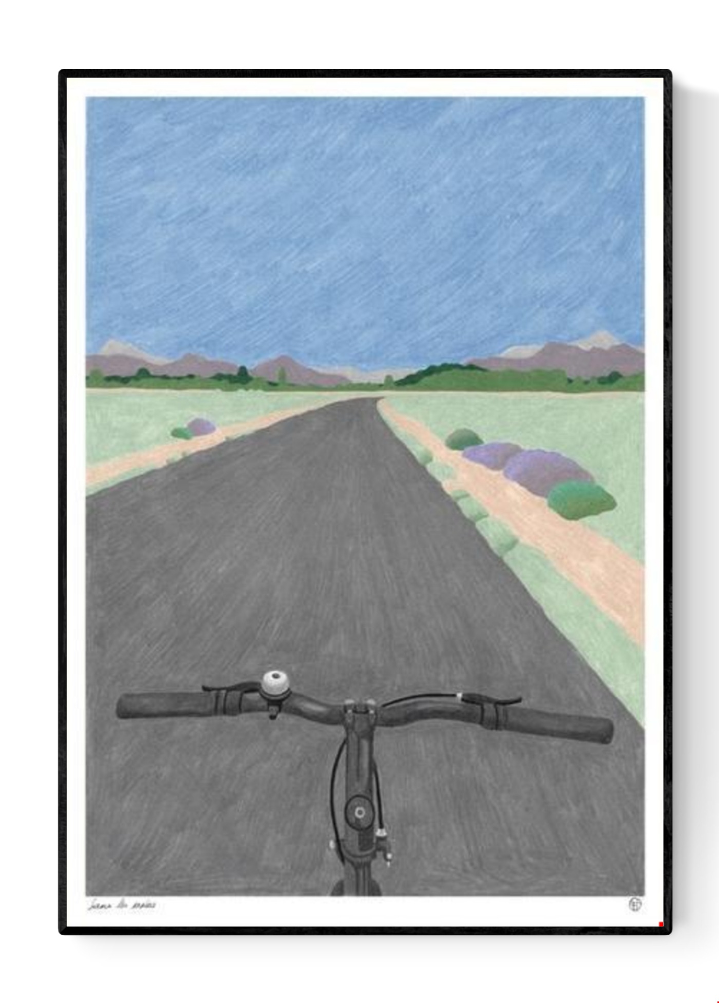 A3 limited edition risograph print titled “Sans les mains” by Belgian illustrator Téo Transinne, showing a calm road seen from a bicycle perspective, printed in three soft colours on Munken Print White paper, numbered and signed contemporary illustration.