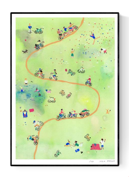 Limited edition A3 risograph print by Viola Amman showing cyclists and small figures moving through a soft green landscape, playful and airy composition, contemporary illustration printed on Munken Print White paper, signed and numbered art print.