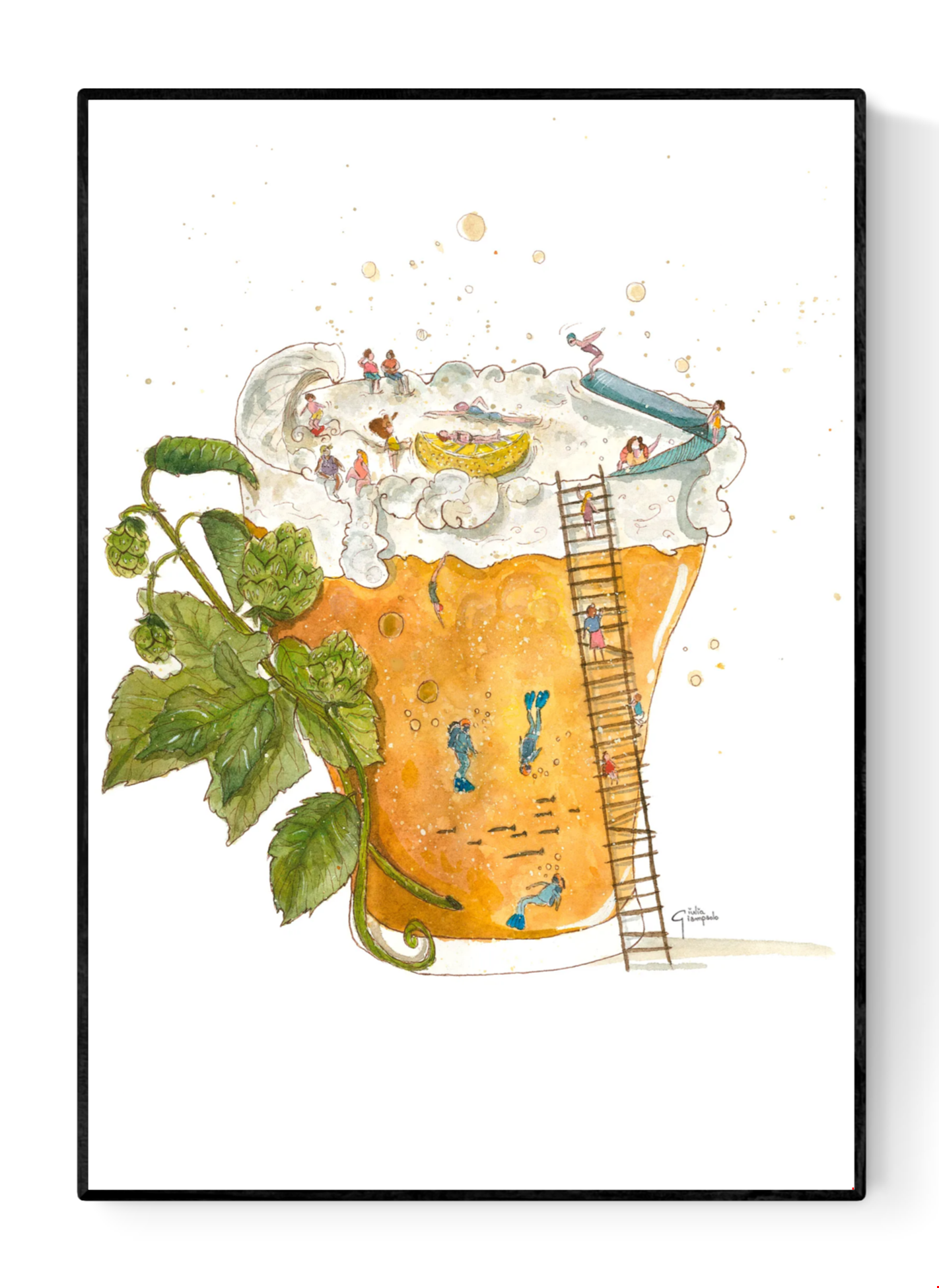 A4 art print of “Cerveza Party” by Giu, a playful watercolor-style illustration showing tiny people diving, sliding and relaxing inside a glass of beer with foam, hops and warm golden tones, printed on Modigliani Neve 320 gsm paper, contemporary illustration made in Belgium.