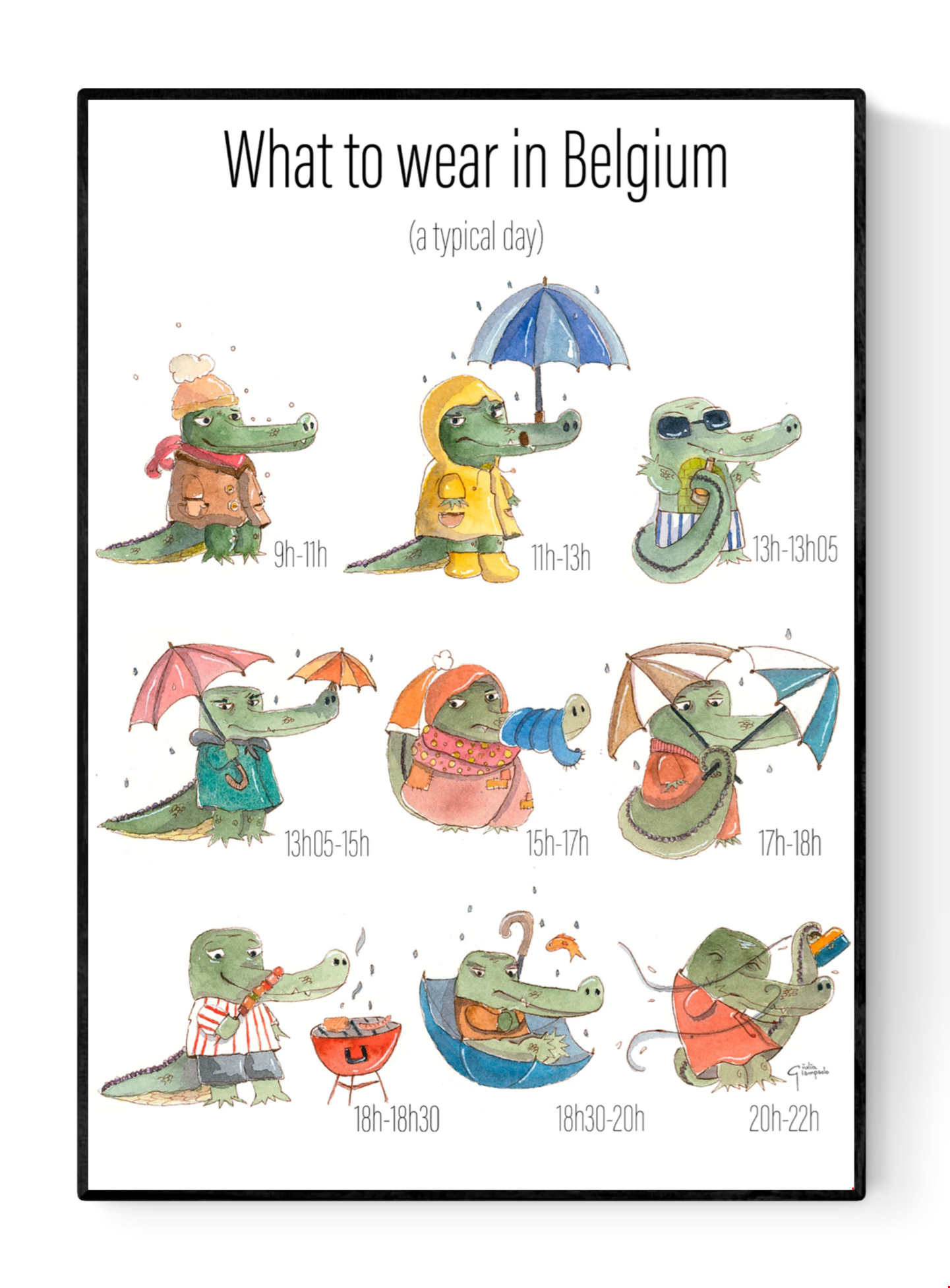 Whimsical watercolor illustration titled “Belgian Day” by Giu Watercolor, showing a crocodile character changing outfits throughout a rainy Belgian day, playful and humorous art print, A4 size, made in Belgium, contemporary European illustration for modern interiors.