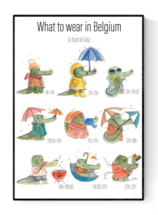 Whimsical watercolor illustration titled “Belgian Day” by Giu Watercolor, showing a crocodile character changing outfits throughout a rainy Belgian day, playful and humorous art print, A4 size, made in Belgium, contemporary European illustration for modern interiors.