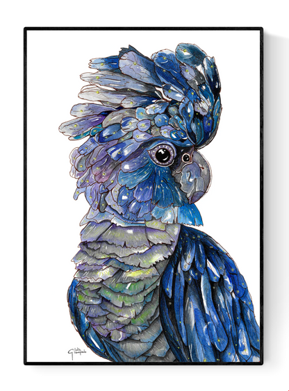 Blue-black cockatoo watercolor art print by Giu, A4 size, featuring an expressive parrot with deep blue feathers and fine details, printed on Modigliani Neve 320 g paper, contemporary animal wall art made in Belgium.
