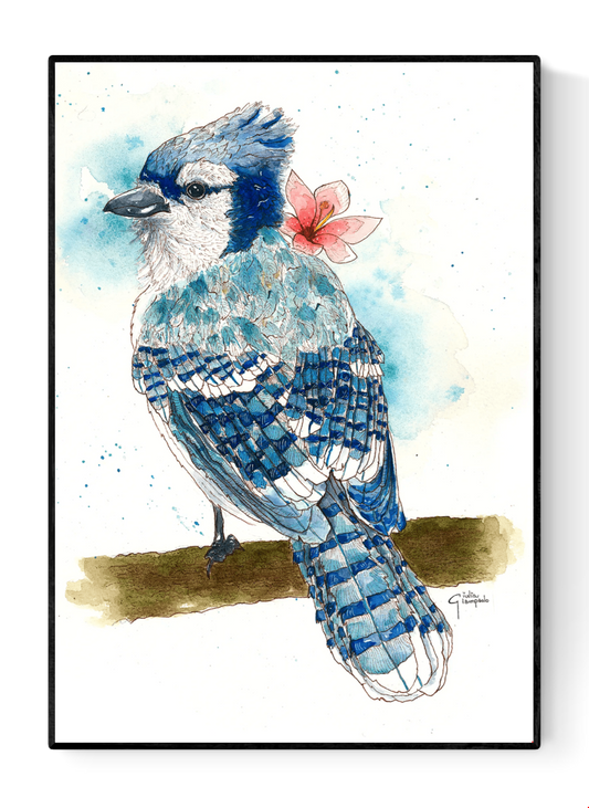 Blue jay watercolor art print by Giu, featuring a detailed blue bird perched on a branch with soft blue tones and a pink flower, contemporary nature wall art, A4 illustration