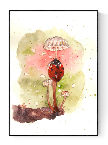 Watercolor illustration of a red ladybug standing on tall mushrooms, painted by Giu in a soft, whimsical style, A4 art print for modern wall art, kids room decor, and nature-inspired interiors.