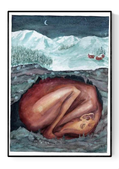 Dreamlike digital illustration titled Winterslaap by Belgian artist Stien van Kerckhoven, depicting a curled human figure sleeping peacefully beneath a snowy mountain landscape with a crescent moon and small red cabins — symbolic art print about hibernation, rest, and the warmth of winter stillness.