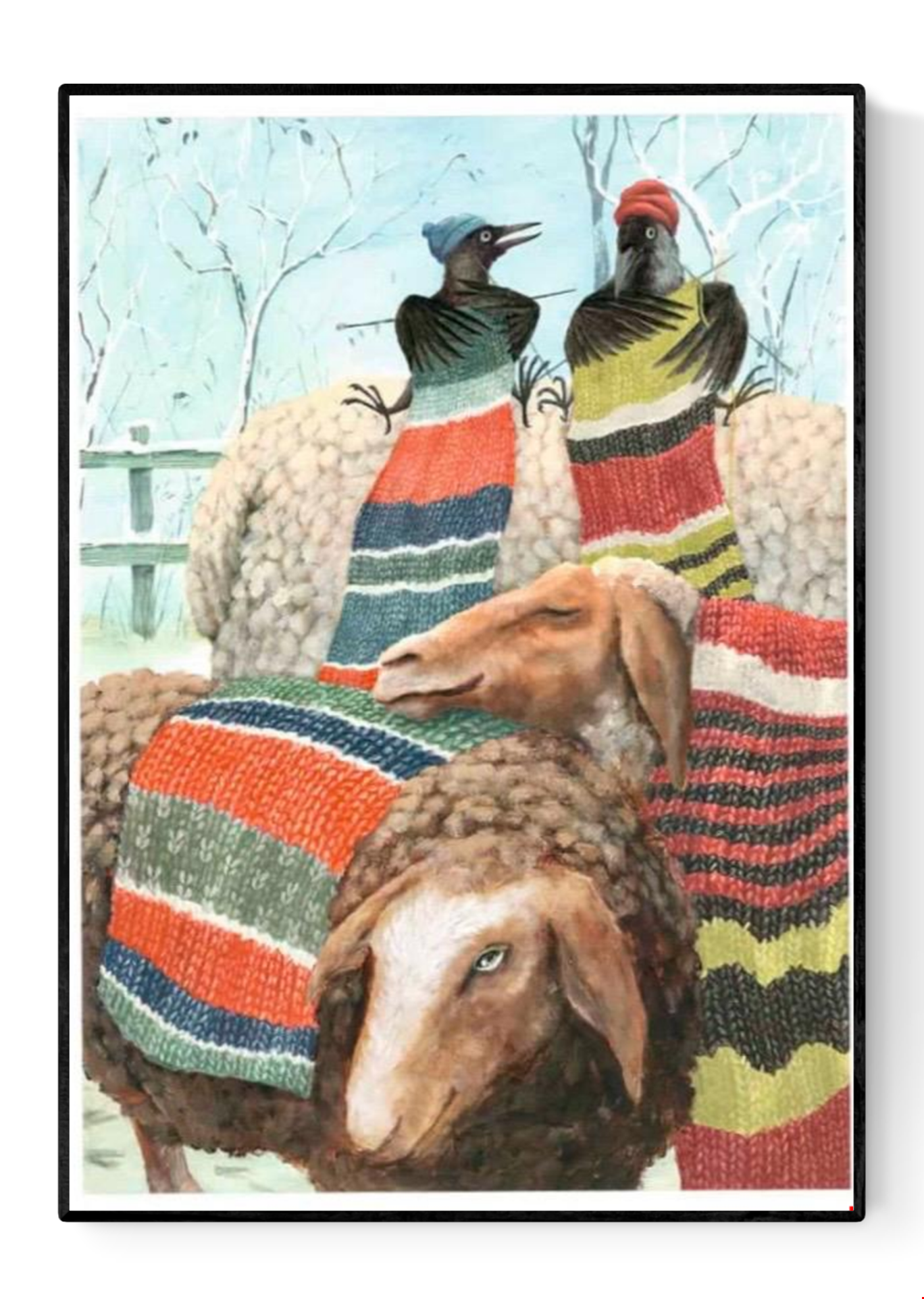 Whimsical winter illustration by Stien van Kerckhoven showing two birds knitting vibrant scarves onto sheep in a snowy landscape. A charming, humorous, and heartwarming art print that adds warmth and color to any home decor.