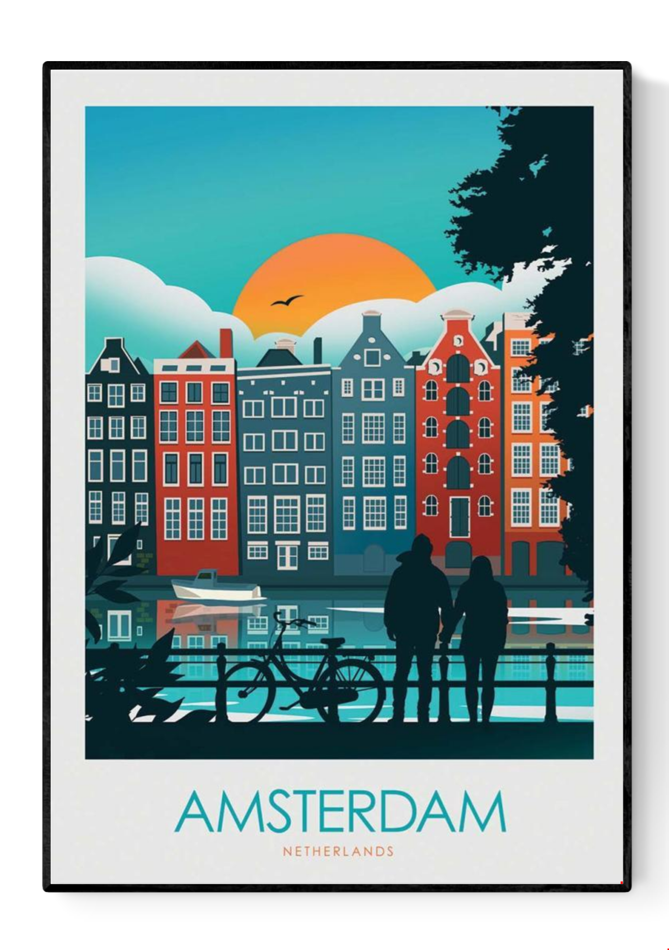 Colorful Amsterdam travel poster by Studio Inception featuring canal houses at sunset, a couple by the water, and a bicycle silhouette. Modern wall art print evoking Dutch architecture, romance, and vibrant city life.