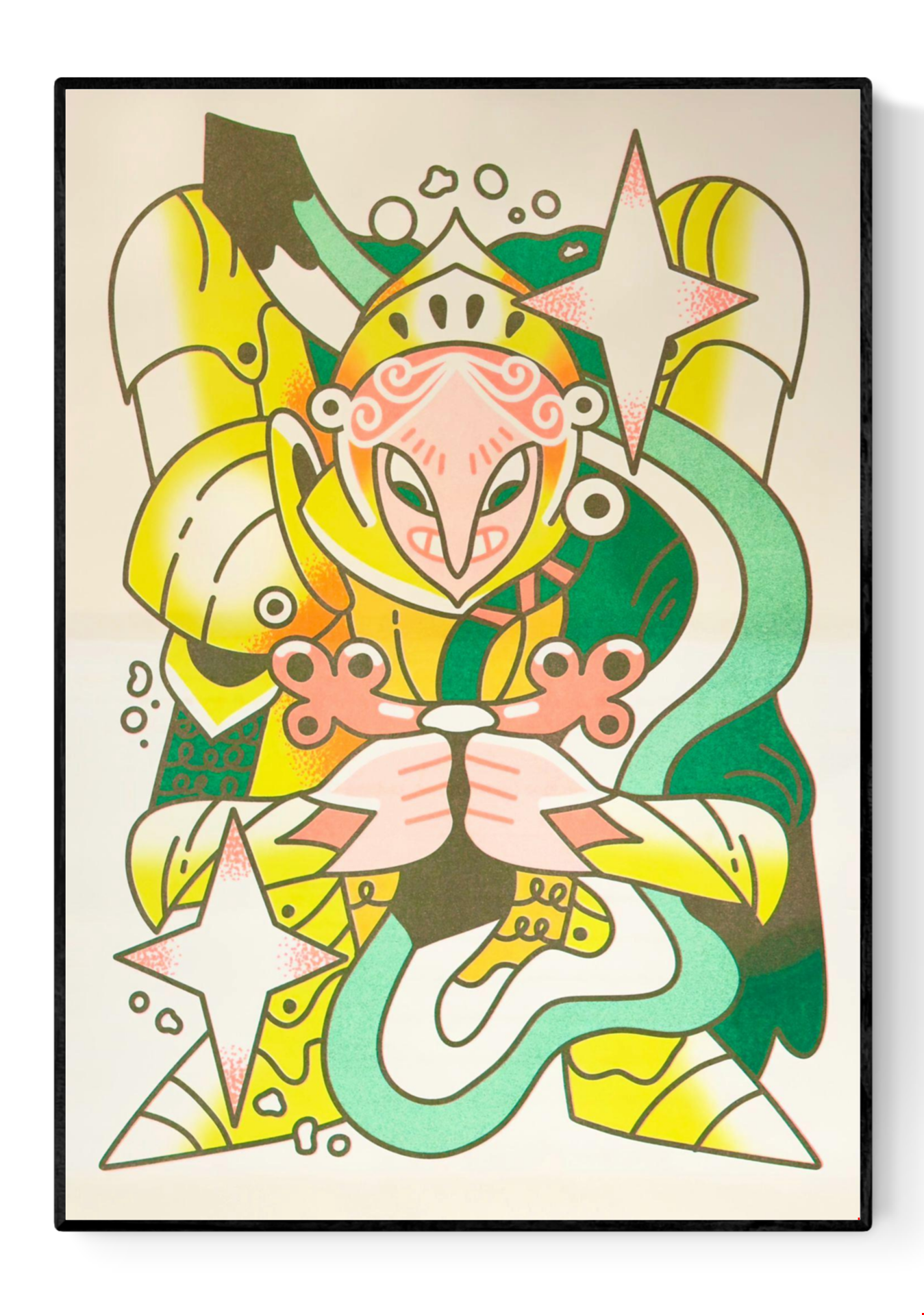 Starlight Sentinel risograph print by Belgian artist Auwnanas, featuring a vibrant, cartoon-like warrior figure with bold thick lines, bright yellow, pink and green tones, dynamic star shapes and playful abstract details. Modern A3 artwork with joyful, energetic style, perfect for colourful home décor.