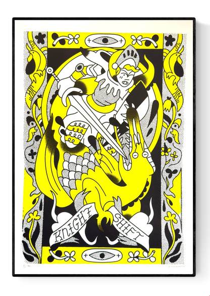Vibrant A3 screen print Knight Shift by Auwnanas featuring a playful knight battling a stylized dragon in bold yellow and black tones, surrounded by decorative medieval-inspired patterns. Limited edition artwork with strong graphic lines, ideal for modern art collectors in Belgium, the Netherlands, France, and Germany.