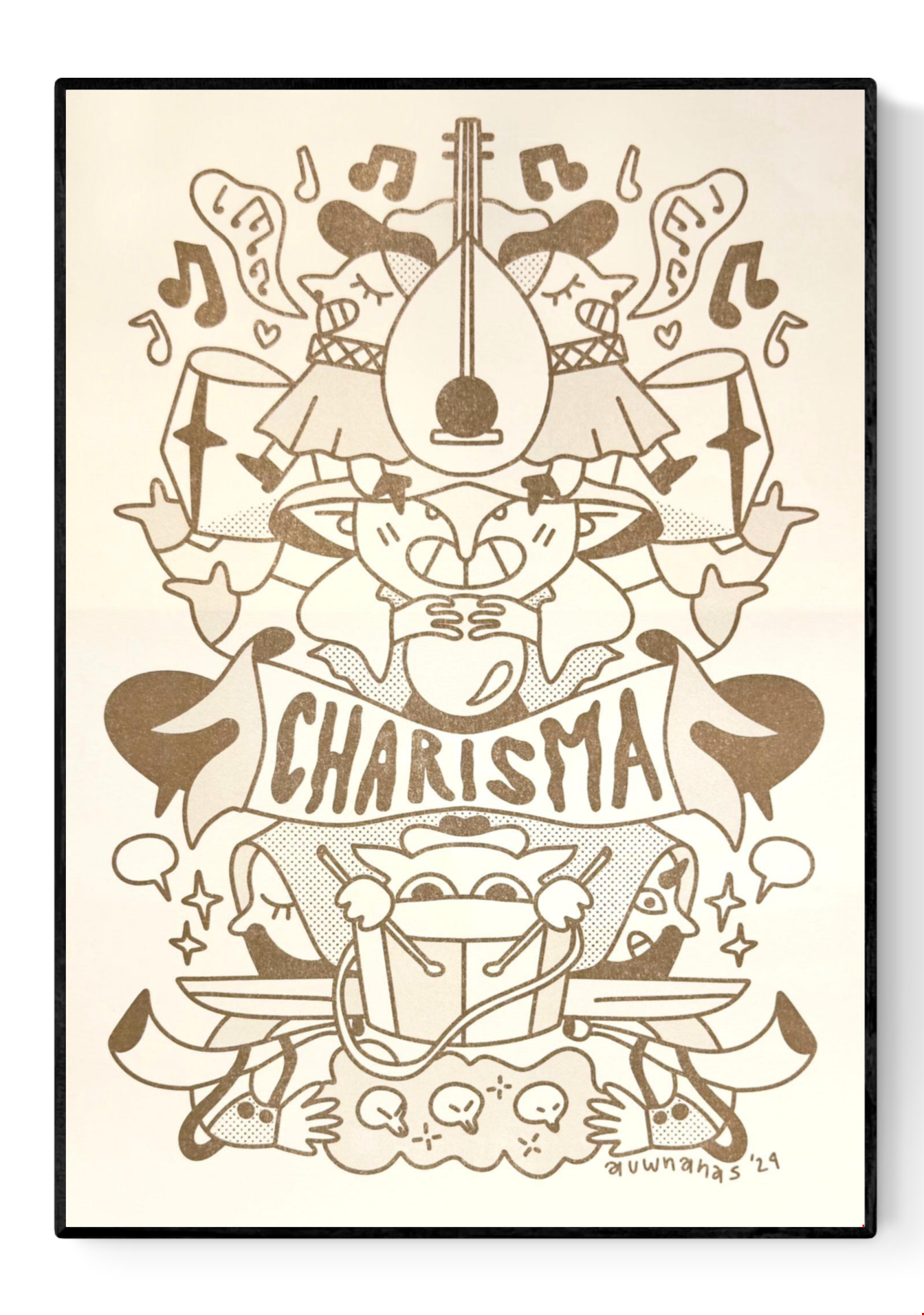 Risograph illustration “Class Act Gold” by Auwnanas featuring whimsical musicians, playful characters, musical notes and decorative shapes in warm golden tones; A3 art print with bold graphic style and lively composition; modern quirky wall art perfect for cheerful home décor and collectors of contemporary risography.