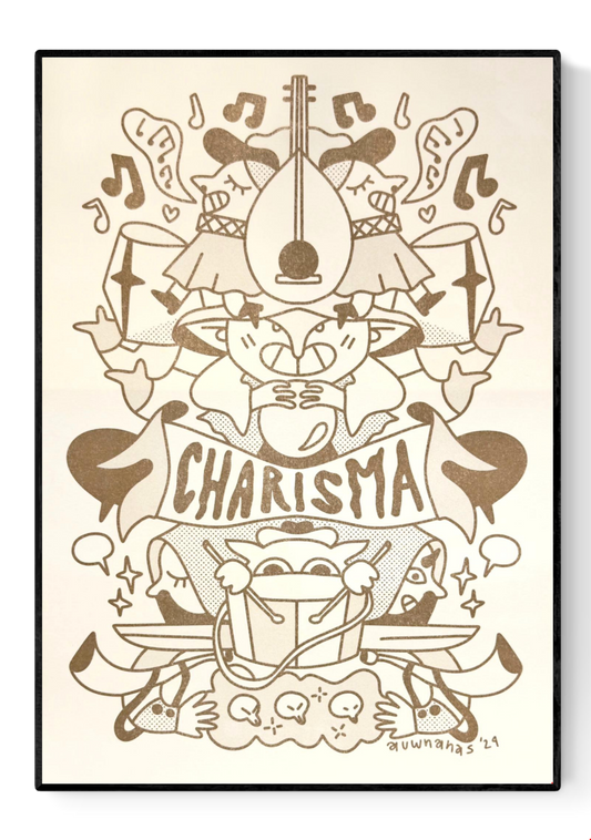 Risograph illustration “Class Act Gold” by Auwnanas featuring whimsical musicians, playful characters, musical notes and decorative shapes in warm golden tones; A3 art print with bold graphic style and lively composition; modern quirky wall art perfect for cheerful home décor and collectors of contemporary risography.