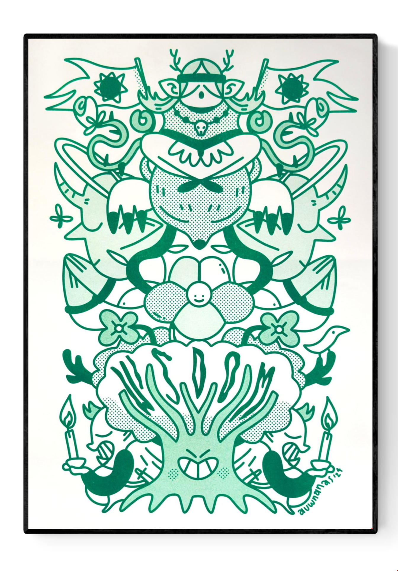 Green risograph illustration by Auwnanas featuring a symmetrical composition of whimsical characters, smiling flowers, quirky animals with horns, waving flags, expressive candles, and a bold central tree figure. Playful linework, bold shapes, and layered green tones create a lively, modern art print. A3 wall art, contemporary risograph illustration for home decor.